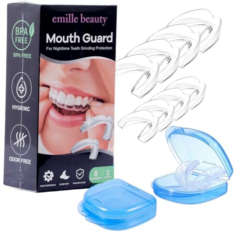 Emille Beauty Mouth Guard for Clenching Teeth at Night Upgraded Night Guards for Teeth Grinding Pack of 8 Moldable Mouth Guard Stops Bruxism and Teeth Clenching 2 Sizes with Two Travel Cases