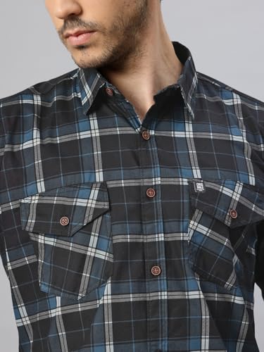 Image of Majestic Man Men's Pure Cotton Cargo Checks Shirt with Dual Flap Pockets - Slim Fit | Full Sleeve | Casual Wear | Trendy & Comfortable