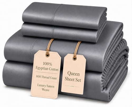 Image of Egyptian Cotton Sheets Queen Size, 100% Cotton Queen Sheet Set - Charcoal | 4-Piece 800 Thread Count, OEKO TEX Certified, Sateen Weave Cooling Sheets with 15 inch Deep Pocket Fitted Sheet & Pillowcase Sets