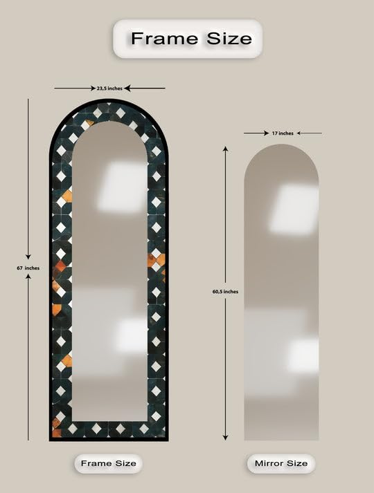 Specchio da pavimento con motivo geometrico scuro da 63,5 x 160 cm (larghezza x altezza), lunghezza completa, specchio da pavimento con cornice nera e cornice argentata