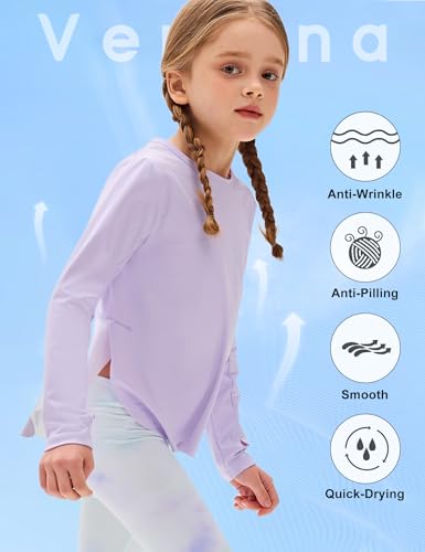 Image of Venzina Girls' Long Sleeve Workout Top with Thumbholes Quick-Dry 4-Way Stretch Moisture Wicking Shirt for Yoga, Dance, Gymnastics(Age 6-10)