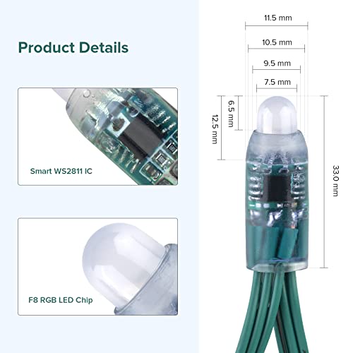 Image of BTF-LIGHTING WS2811 Diffused Digital RGB LED Pixel String Light 12mm Individually Addressable Round LED Module 50pcs /String IP68 Waterproof DC12V (Pack of 2)