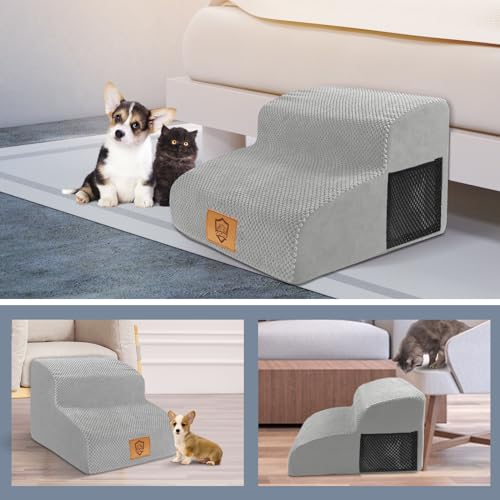 Thihome Hundetreppe für Kleine Hunde, Hunderampe, 2 Stufen Haustiertreppe mit Waschbarer Bezug, Treppe für Hunde, Tragbar Wasserdicht Katzentreppe aus Schwamm für Sofa Bett