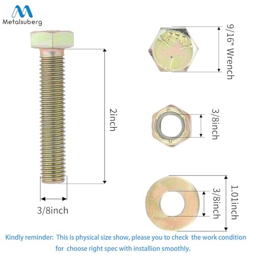 Image of 3 /8 inch x 2 inch Hex Head Bolt by Color Galvanization with Nylon Lock nut and Large Size Washer Assortment Kit,Alloy Steel,Grade 5.(8pcs Pack),by Metalsuberg.
