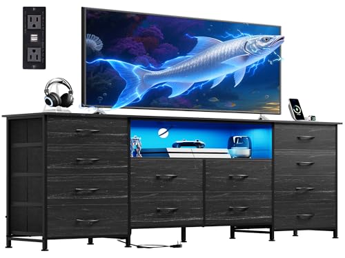 Image of WLIVE Dresser TV Stand for 75 Inch TV, 12 Drawers, LED, Black Wood Grain