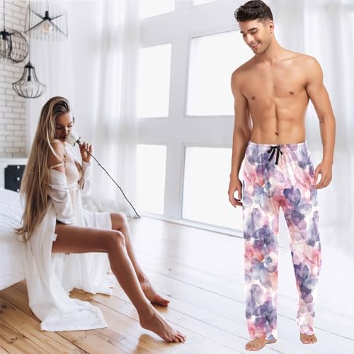 visesunny Mens Cotton Pajama Pants PJ Bottoms Purple Watercolor Flower Lightweight Soft Lounge Sleepwear with Pockets3