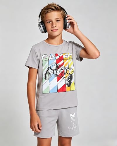 Image of Cakaner Tween Boys Summer Clothes 2 Piece Short Sleeve Graphic T-Shirt and Shorts Casual Outfit Set Size 7-14