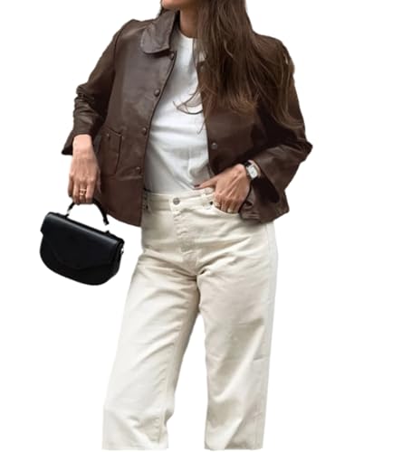 VOIKERDR Women Leather Jacket Cropped Leather Jacket Solid Color Button Down Jacket for Woman with Pockets