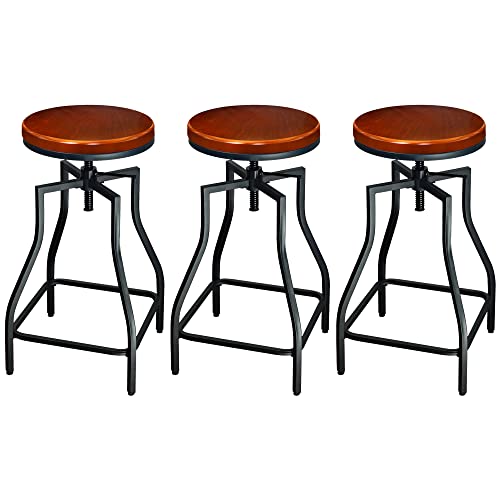 Butaco metálico giratorio ajustable para cocina, juego de 3 unidades | Asiento de chapa de madera, altura para barra, negro y marrón miniatura 1