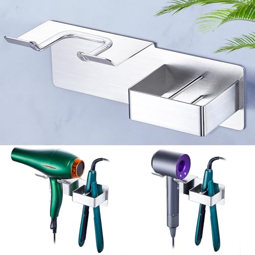 WAYASI Hair Dryer Holders and Straighteners Holder Self Adhesive Hair Straightener Holder Wall Mount Hairdryer Holder Station for Curling Iron Hair Tools Organiser for Bathroom Silver