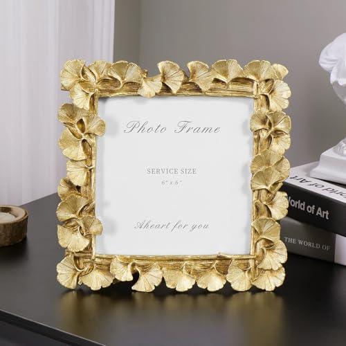 Vintage Picture Frame 6x6 Gold Frames, Gold Ornate Leaf Textured Hand-Crafted Resin with Glass Front Antique Photo Frame for Tabletop Display, Retro Design Home Decor