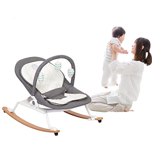 Image of Infant 3-in-1 Portable Baby Bouncer Rocker - Baby Bouncer w/Soothing Vibrations, 3-Point Safety Harness, Removable Toys & Cushion, Compact Fold for Storage or Travel, Grey/Pink (Grey)