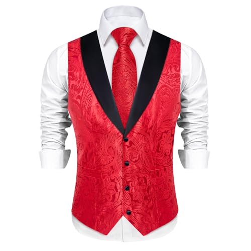 Image of DiBanGu Mens Paisley Suit Vest Silk Jacquard Waistcoat and Necktie Set Formal Shawl Collar Dress Vest 7PCS for Wedding Party