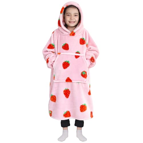 Image of Waitu Wearable Blanket for Kids, Wearable Blanket Hoodie Gifts for Teens Girls and Boys, Warm Blanket Sweatshirt for Teenage, Hoodie Blanket with Sleeves - Strawberry Pink