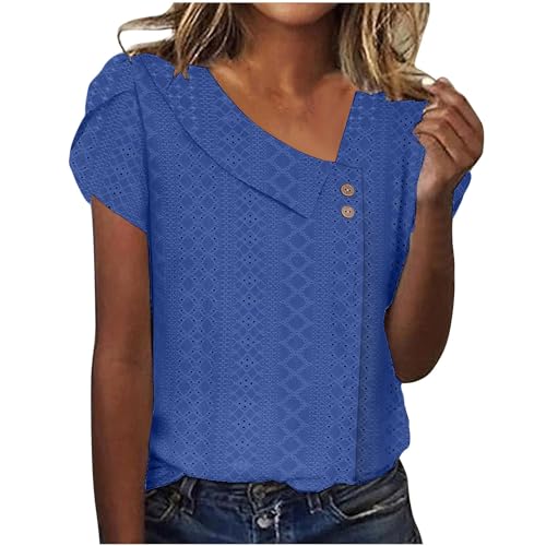 Blusa semiformal para mujer, manga corta, cuello en V, para salir, informal, de moda, azul, M