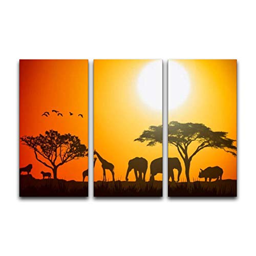 3 Panels Wall Art Pictures African landscape scene of safari animal savannah silhouette Sunset Modern Canvas Print Paintings Artwork Framed Posters for Office Home Decor Ready to Hang, 16x32inch