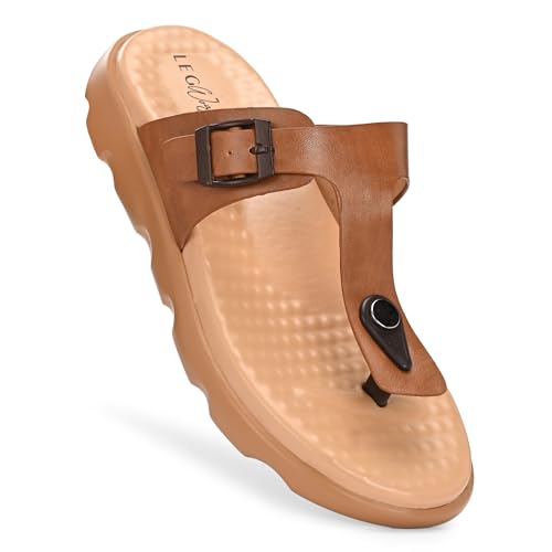 Image of Legwork Women's Orthopaedic T-Strap Thong Sandal | Acupressure Massage Footbed | EVA Cushioned Platform Sole | Doctor Arch Support | Adjustable Buckle Strap | Diabetic Friendly Flat Sandals for Women | UK 3-8 | Brown, Tan, Pink