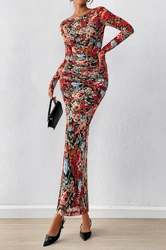 PRETTYGARDEN Women's Long Sleeve Bodycon Dresses 2025 Fall Sexy Floral Mesh Slit Ruched Tight Maxi Wedding Guest Dress3