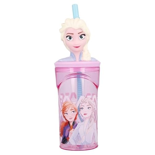 Golddunes Gobelet réutilisable en plastique avec paille flexible réutilisable pour enfants Motif personnage de dessin animé 3D – 360 ml (La Reine des neiges)