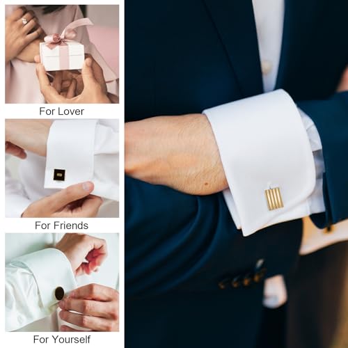 4 Pairs Cufflinks for Men Classic Tone Cuff Links Fashion Men Cufflinks Gold/Sliver Striped Disc Square Rectangle Cuff Links for Business Wedding Party Gift Box3