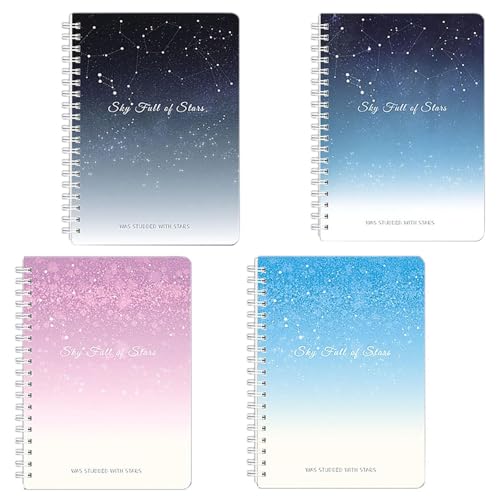 Eastrise 4 Pack A5 Spiral Notebooks,120 Pages College Ruled 8mm Lines, 80GSM No Bleed Paper, Perforated Edges & 180° Lay Flat, Double Spiral Bound Notepad for Business Office School Travel-Stars