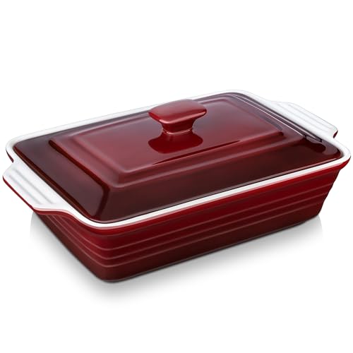 LOVECASA Fuente para Hornear con Tapa de Porcelana, 4300 ml, Rectángulo Molde para Horno, Bandeja para Hornear, Molde para Lasaña, Tarta, Pan, Guisos, Ceramica Esmaltada 38,5 x 23,5 x 8,7 cm, Rojo
