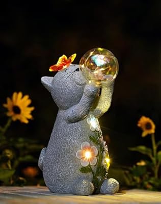 Goodeco Solar Cat Garden Statue - Outdoor Cat Decor with Solar Butterfly & Succulent Flowers LED Lights for Garden Enthusiasts - Ideal Gifts for Mom & Birthdays