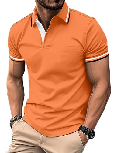 zitysport Polo Hombre Manga con Bolsillo en el Pecho Golf Polo Transpirable de Secado Rápido Poloshirt Deporte Slim Fit Tshirt Verano Camisa Hombre(Naranja-2XL)