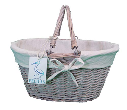 Pop-it-in-a-Pelican Grey White and Natural Wicker lined basket with drop handles. Empty storage Grea Pop-it-in-a-Pelican Grey White and Natural Wicker lined basket with drop handles. Empty storage Grea