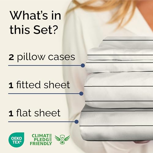 Image of Queen 4 Piece Striped Sheet Set - Soft, Breathable & Cooling - Cream Stripe