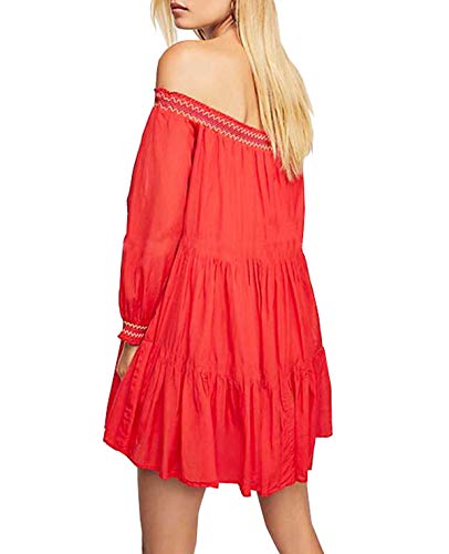 R.Vivimos Women's Long Sleeve Cotton Off Shoulder Floral Embroidery Casual Swing Short Dresses (Medium, Red)