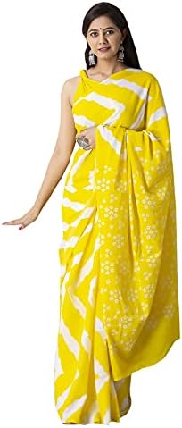 Shivanya Handicrafts Lehariya Print Cotton Mulmul Saree for Women Attached Blouse Piece