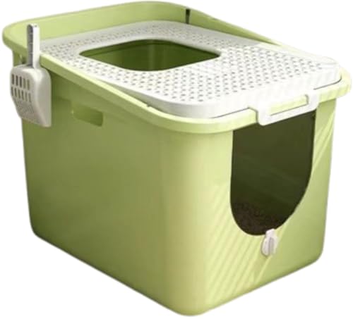 BQQB 猫砂飛び散り防止 ドア付き コンパクト ワイドサイズ 2WAY ふた付き お手入れ簡単 清潔 広々サイズ 全密閉式カバー キャットトイレ 大きめ 猫トイレ 大型 ドームタイプ 猫用トイレ本体 (51*42*40cm,グリーン)