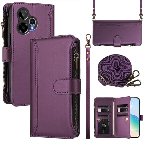 ELECWAY Wallet Case for Cricket Icon Plus 2026 Phone with 1 Long Shoulder Strap 1 Short Wrist Strap 9 Card Slots 1 Cash Pocket Wireless Charging Magnetic Closure Kickstand (Purple)