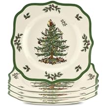 Spode Christmas Tree Scalloped Salad Plates Set of 4 - Holiday-Themed Stoneware Appetizer Plate - 9 Inch Christmas Dinner Dish - Colorful Gifts & Mistletoe Accents - Dishwasher & Microwave Safe