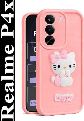 Image of AeoFit Cute 3D Cartoon Soft Silicone Back Cover for Realme P4x 5G - Stylish Design Slim Protective Case with Camera Protection for Realme P4x 5G (Pink)