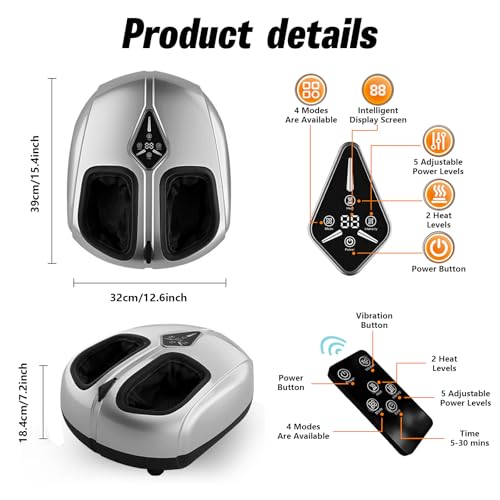 Shiatsu Foot Massager with Heat,Vibration,Air Compression and Deep Kneading,4 Modes + 2 Heat Levels + 5 Intensities,Quiet Design and Washable Sleeves,Present for Women and Men