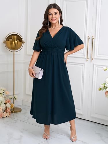 Image of SHESTARR Womens Plus Size Wrap V Neck Dress Short Flutter Sleeve Pleated Empire Waist Ruffle A Line Maxi Long Dresses