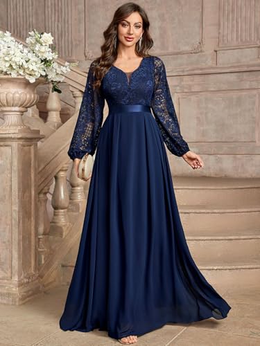 Miusol Women's Wedding Guest A-Line Dress Floral Lace Deep V Neck Long Sleeve Formal Evening Gown4