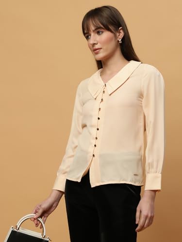Image of BEATNIK Womens Solid Color Fashion Full Sleeve Peter Pan Collar Woven Spring Summer Casual Loose T Shirts Tops