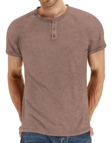 Men's Summer Polo Shirts Short Sleeve Cotton Casual Henley T-Shirts Button Raglan Sleeve Tees Tops Brown 3X-Large