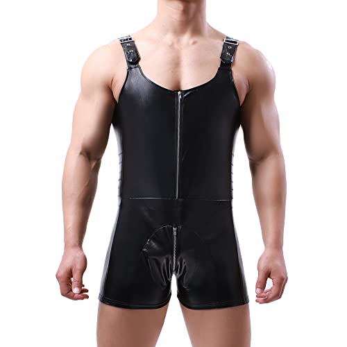 QiaTi Combinaison de sport sans manches pour homme - En cuir synthétique - Fermeture éclair, Noir , XL