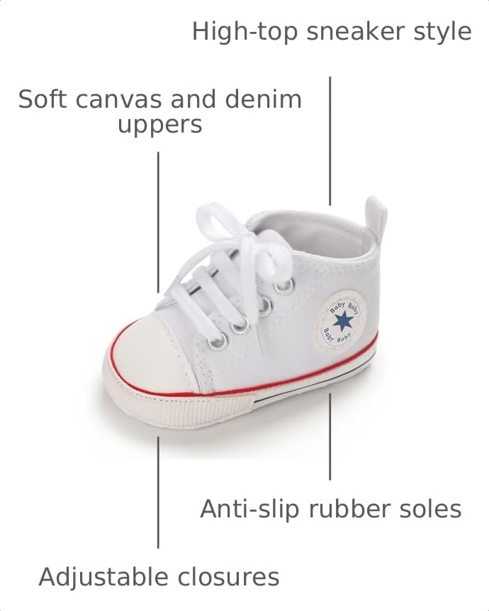 Image of Unisex Baby Boys Girls Shoes, Newborn Infant Non-Slip Canvas Denim High Top Sneakers, Toddler First Walkers Shoes