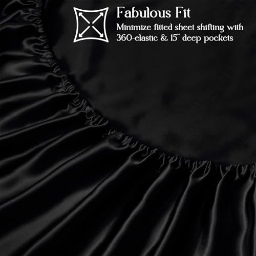 Image of Homiest Black Twin Ruffle Pillowcase & Satin Fitted Sheet Set 2Pcs | Silky Satin Protects Hair And Skin, 15-Inch Deep Pocket, Pearlescent Sleek Dramatic Shine, Easy Machine Wash Care