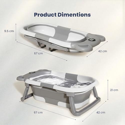 Image of TINSY Foldable Baby Bath Tub with Built-in Water Thermometer & Soft Head Support Pillow | Portable Newborn Bathtub | Anti-Slip Legs | Space-Saving Infant Bath Tub for Babies & Toddlers | Cloud Grey