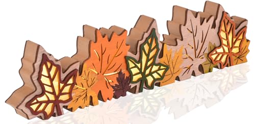 GHOSTMAGIC Lighted Fall Maple Leaves Signs Table Centerpieces Thanksgiving Wooden Block Sign Decorations 3D Wood Autumn Harvest Farmhouse Decor with Led Lights for Home Desk Office Party (Fall Leaves)