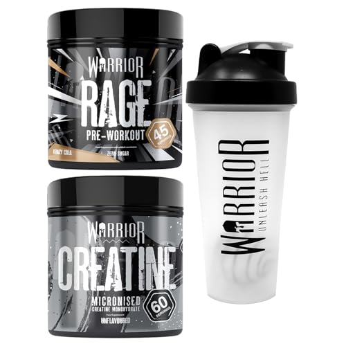 Bundle Warrior Rage Pre-Workout 392g + Creatine Monohydrate Powder 300g + Shaker 600ml - Improve Physical Performance and Recovery (Krazy Cola)