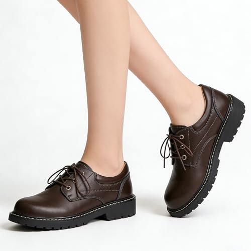 Image of Black Women's Oxford Shoes, Non Slip Work Office Dressy Brogue Shoes | Classic Smooth Leather Lace Up Oxford Brogues, Lightweight Comfort Platform Uniform Shoes for Business School Daily Wear