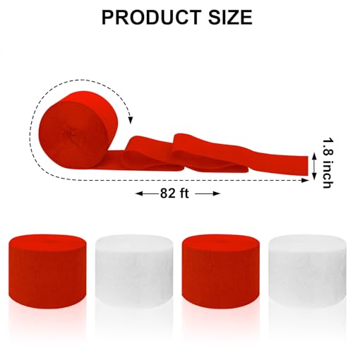 Image of 4 Crepe Paper Streamers Rolls, 328ft Pack of Red and White Crepe Paper for Birthday Baby Shower Wedding Christmas Valentines Day Party Decorations (1.8 inch x 82 ft /Roll)