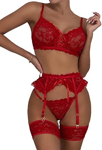 FAIRYMEI Lingerie for Women 3 Piece Lingerie Set with Garter Belt Bra and Panty Sets Sexy Lace Bodydoll Teddy Lingerie…